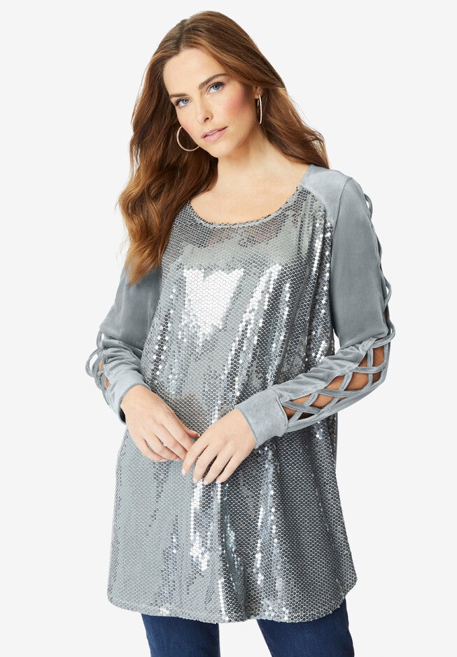 Velour Lattice-Sleeve Sequin Tunic, GUNMETAL, hi-res image number null