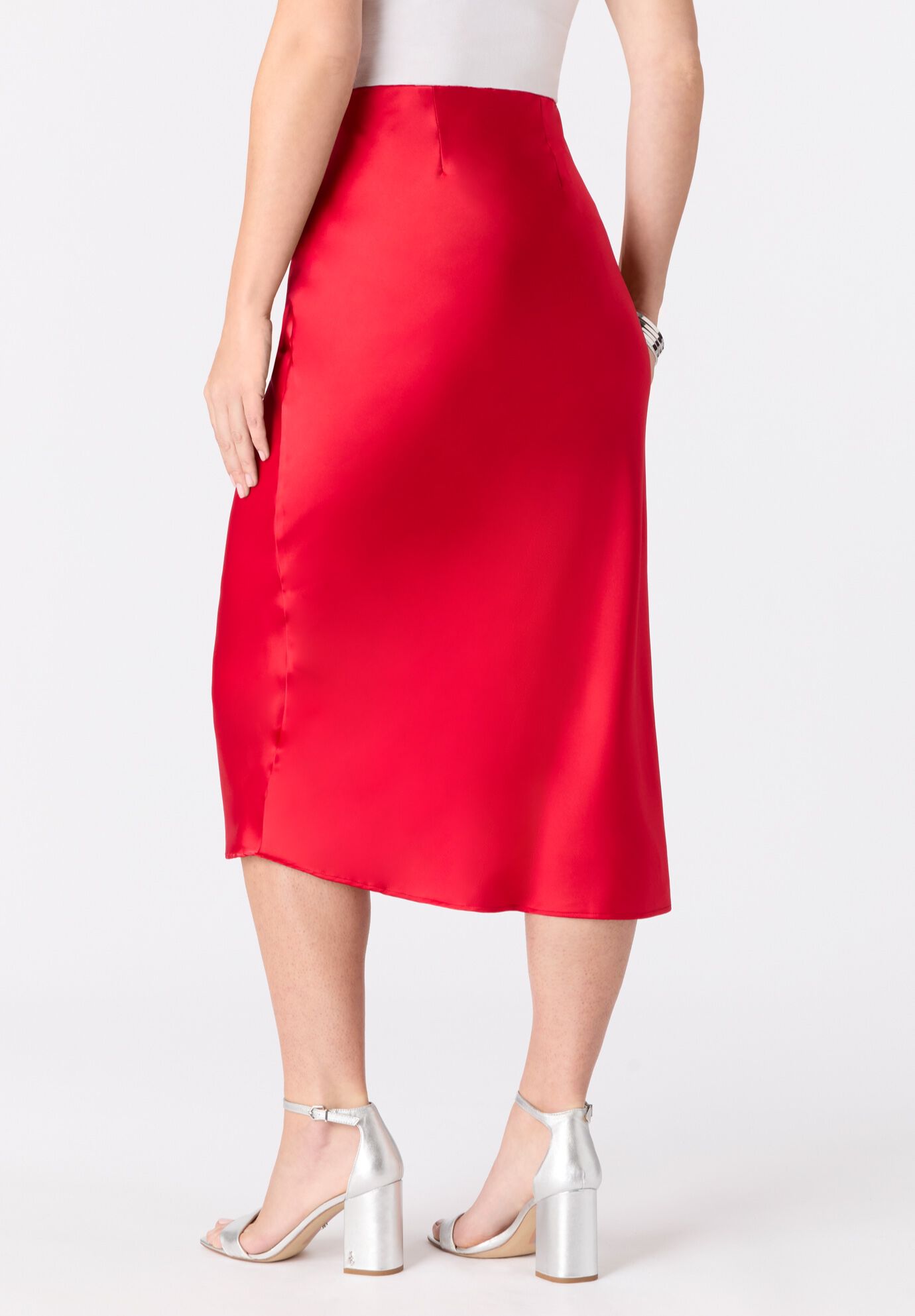 Plus Size Stretch Satin Midi Skirt, VIVID RED, on-hover image number 1