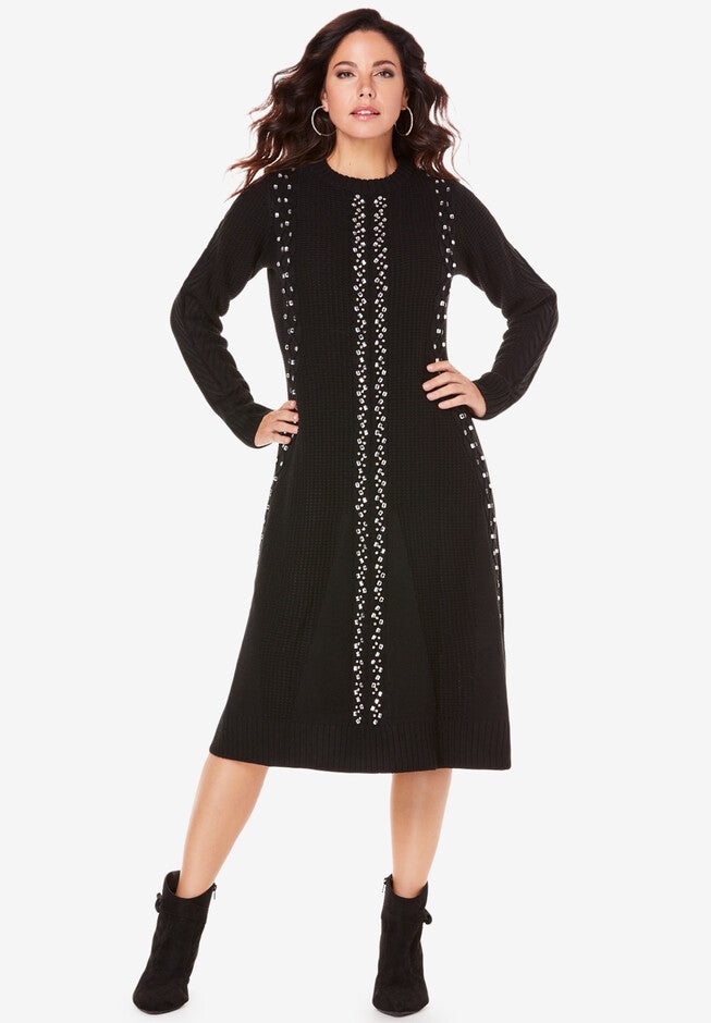 Embellished Fit-And-Flare Dress, BLACK, hi-res image number null