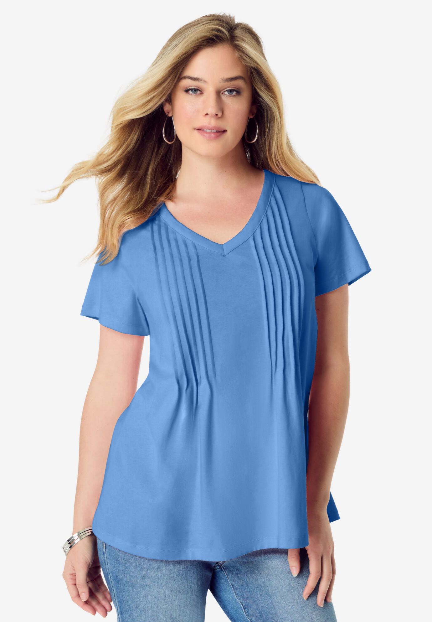 V Neck Pintuck Tee, HORIZON BLUE, hi-res image number 0