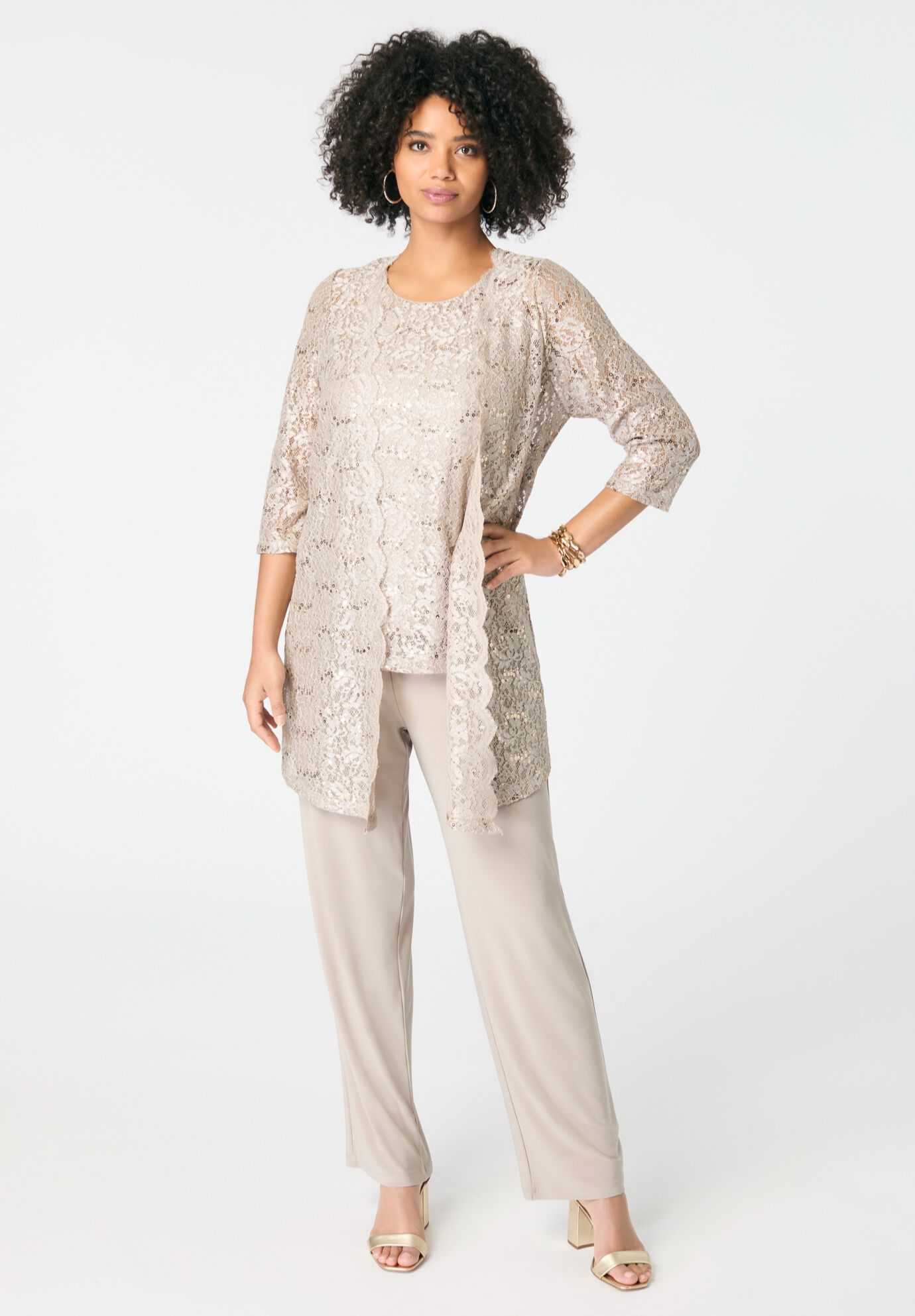 Plus-Size 3 Piece 3/4 Sleeve Foil Lace Duster Pant Set, SPARKLING CHAMPAGNE, alternate image number 5