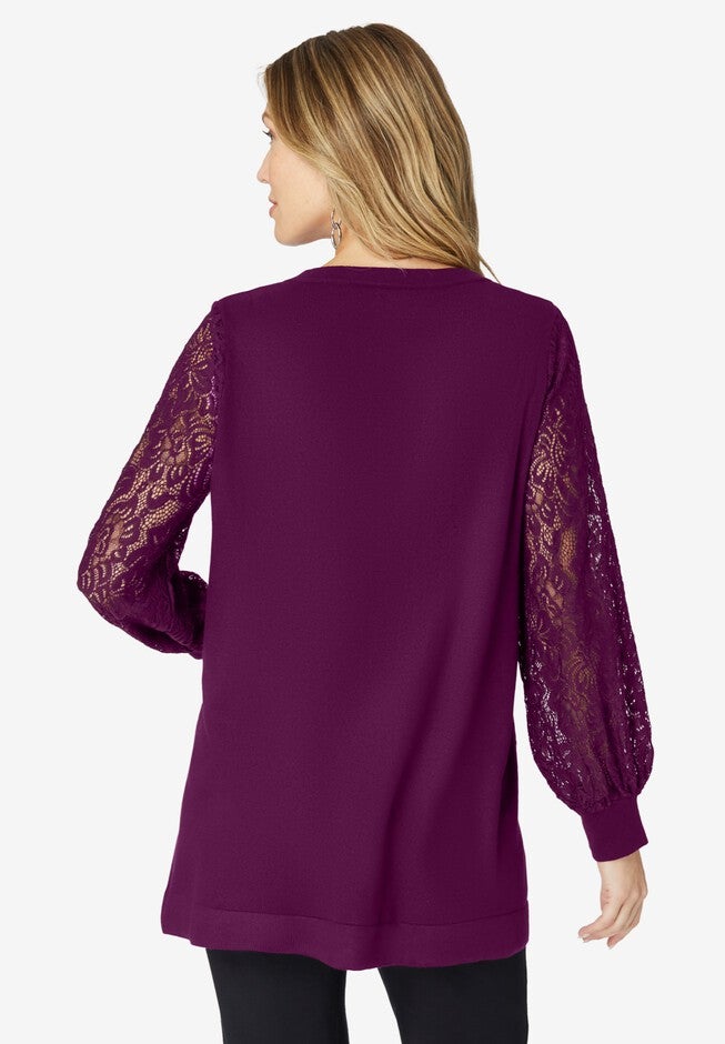 Lace Sleeve V Neck Sweater, , on-hover image number 1