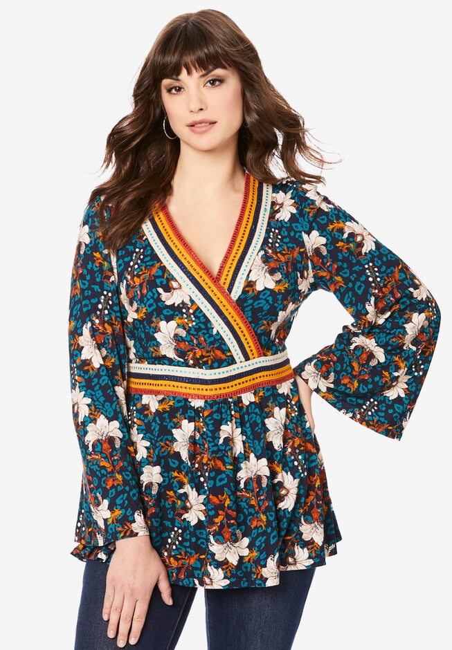 Banded Surplice Top, NAVY LEOPARD FLOWERS, hi-res image number null