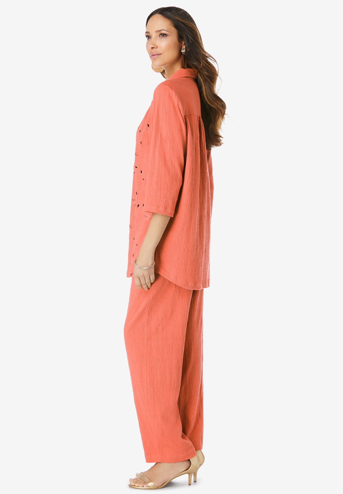 Eyelet Cutout Crinkle-Knit Gauze Big Shirt, , alternate image number 2