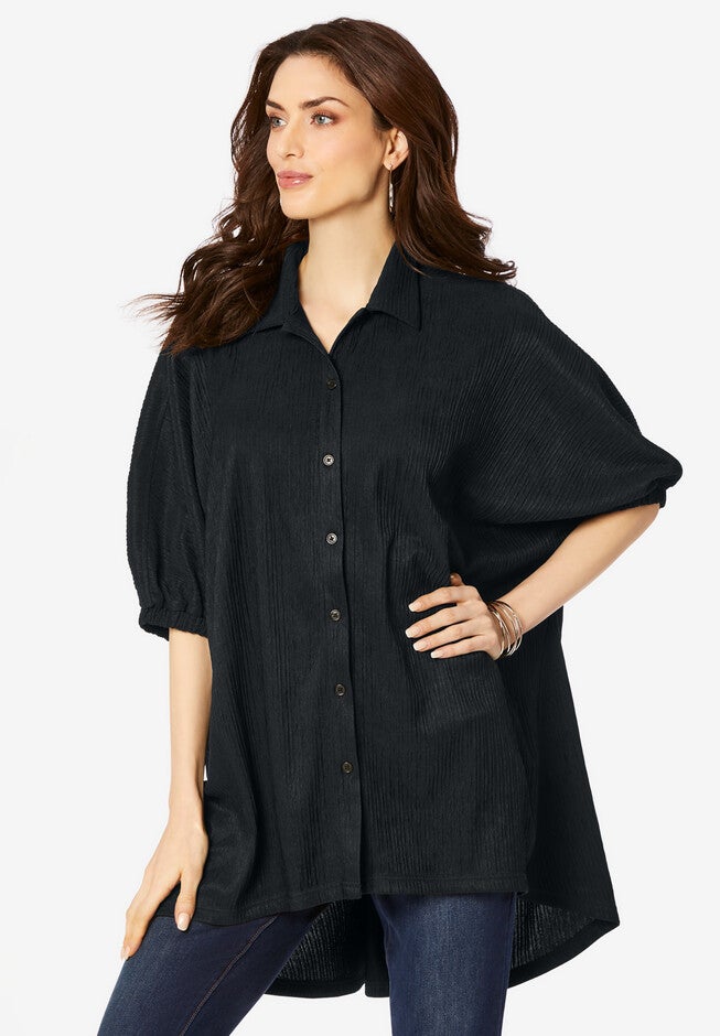 Button-Down Textured Knit Tunic., BLACK, hi-res image number 0