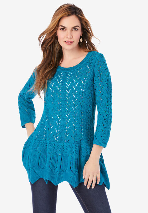 Sonia Peplum Crochet Sweater, DEEP TEAL, hi-res image number null