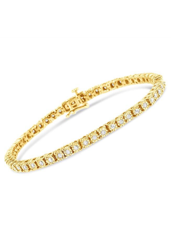Yellow Gold Plated Sterling Silver Miracleset Diamond Round Faceted Bezel Tennis Bracelet 7 inches, , on-hover image number null