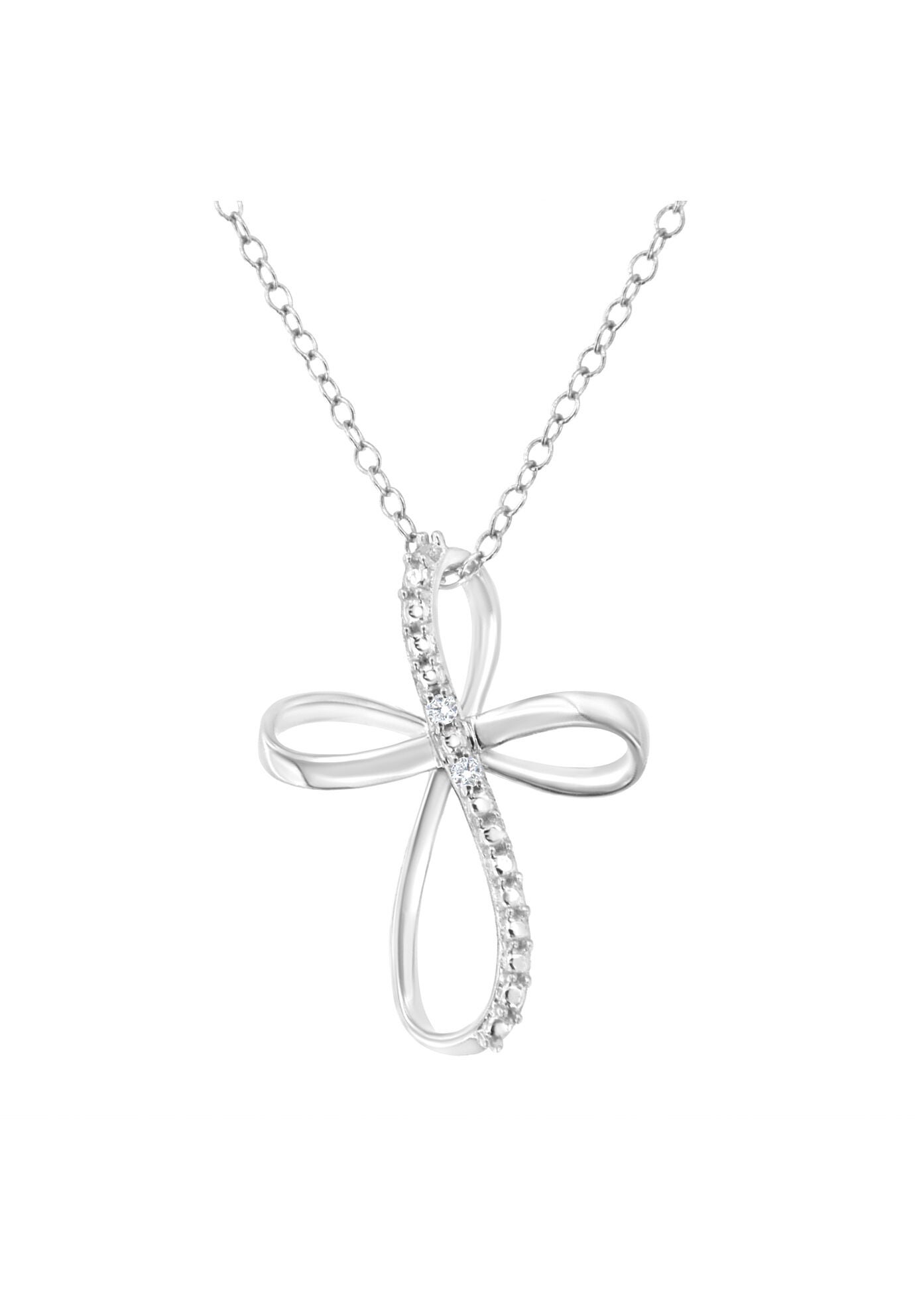 Sterling Silver Diamond Accent Cross Ribbon Pendant Necklace, WHITE, hi-res image number 0