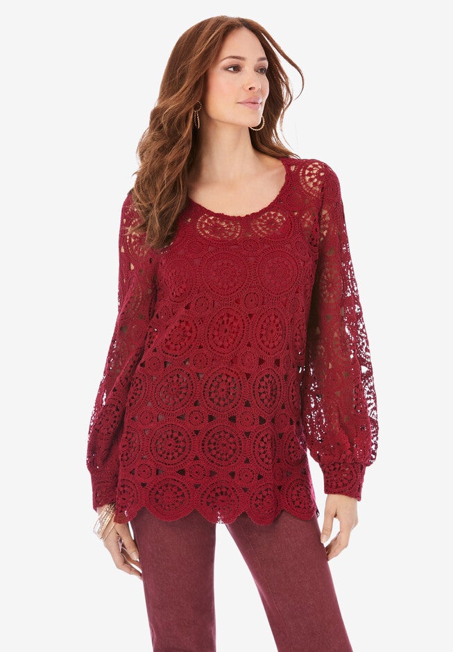 Scallop Crochet Pullover, RICH BURGUNDY, hi-res image number 0