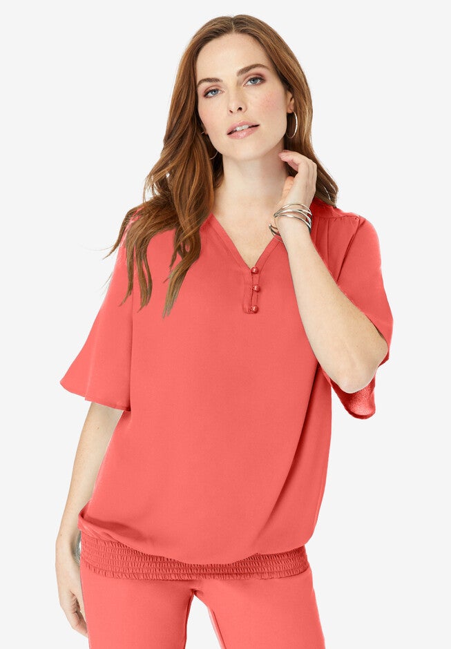 Y-Neck Georgette Top, SUNSET CORAL, hi-res image number null