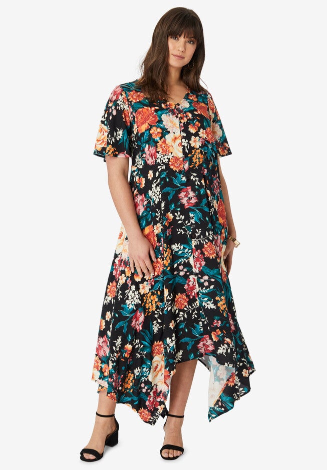 Handkerchief-Hem Midi Dress, BLACK ROSE FLORAL, hi-res image number null