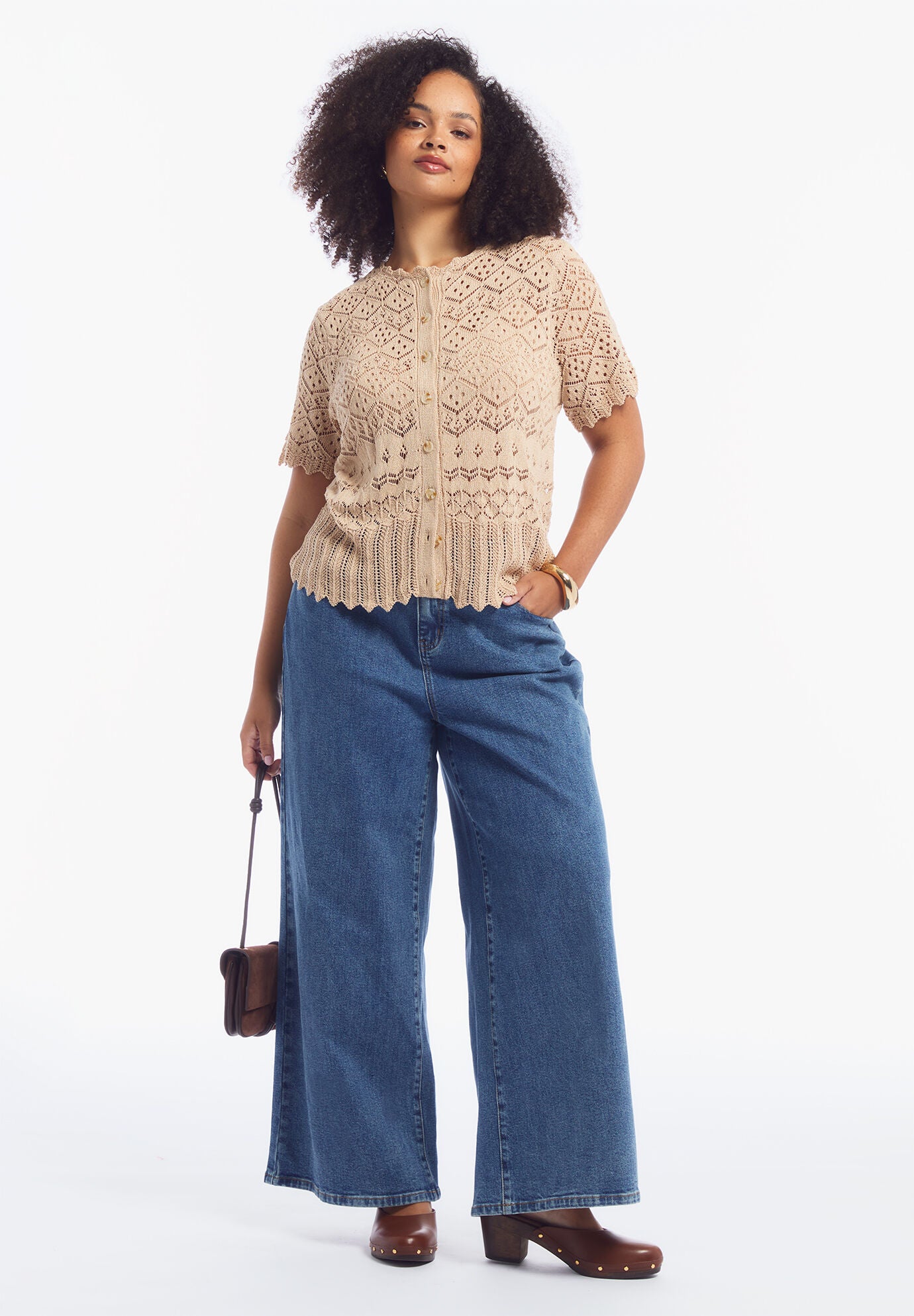 Short-Sleeve Pointelle Cardigan, APRICOT WASH, on-hover image number 1