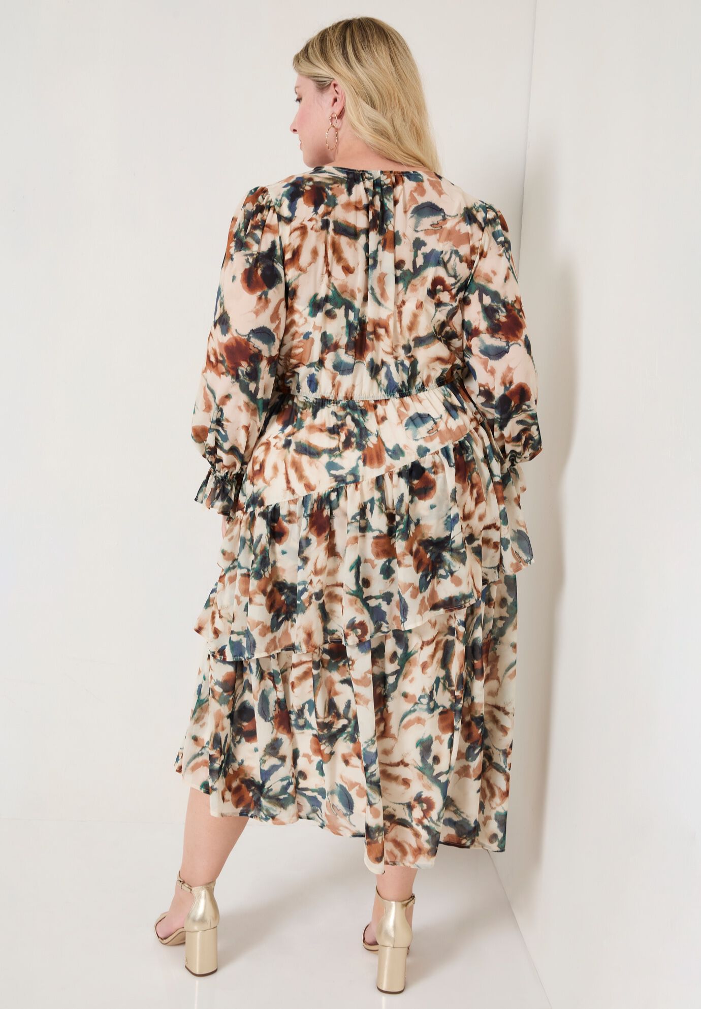 Tiered Pleated Midi Dress, WATERCOLOR FLORAL, on-hover image number 1