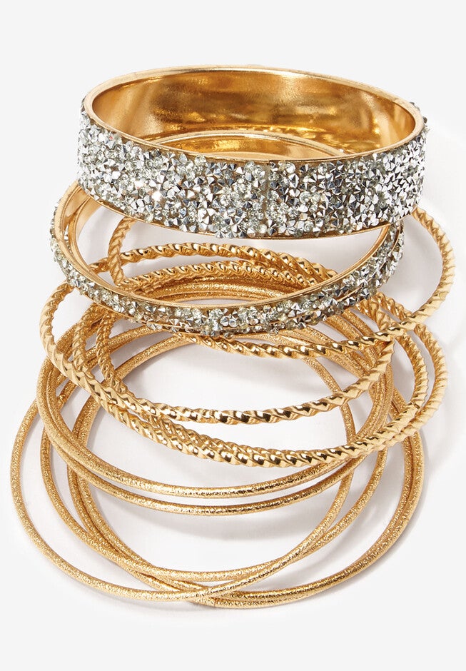 Set of Rhinestone Bangle Bracelets, GOLD, hi-res image number null