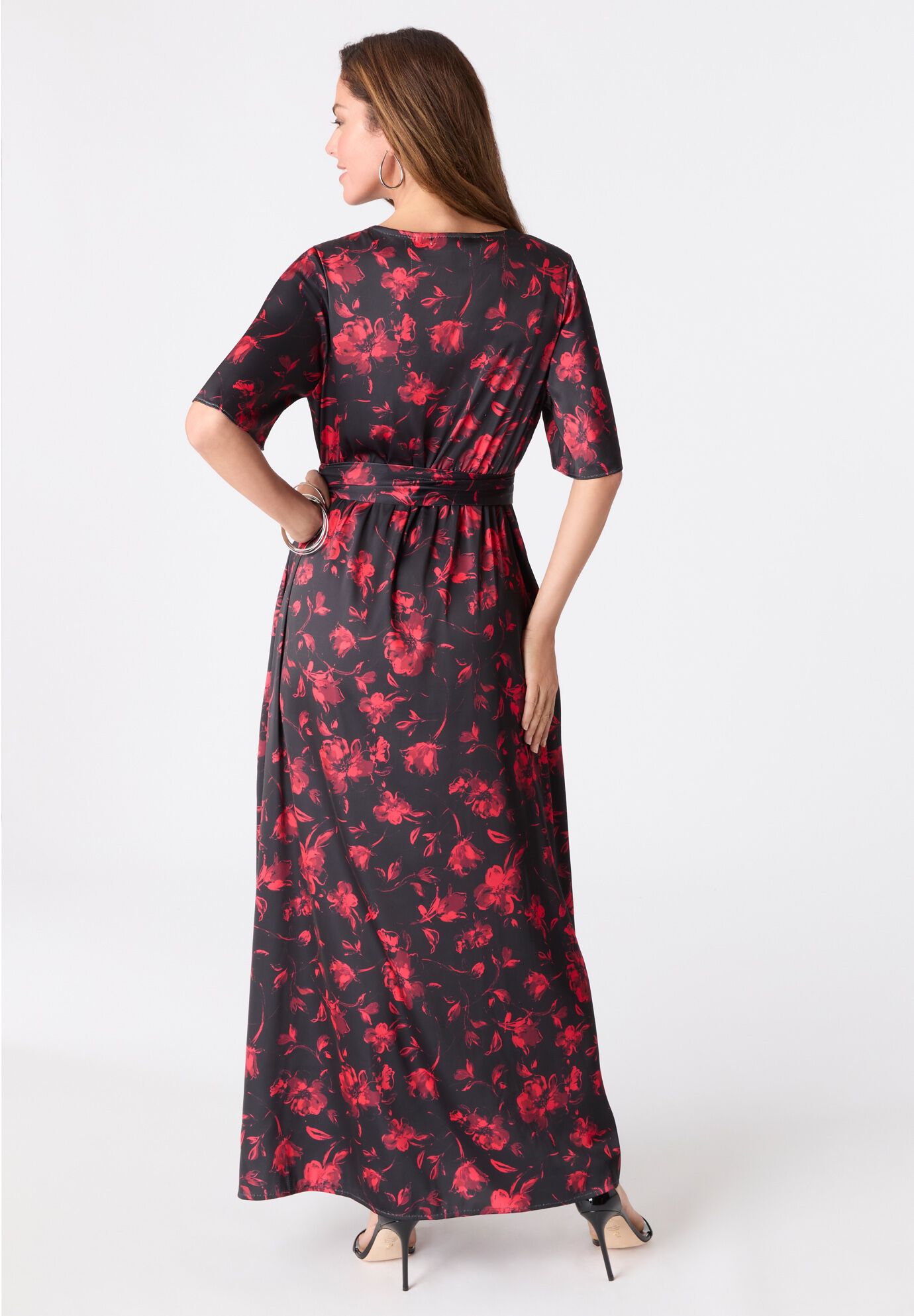 Stretch Satin Faux Wrap Dress, RED SKETCHED BLOSSOM, on-hover image number 1