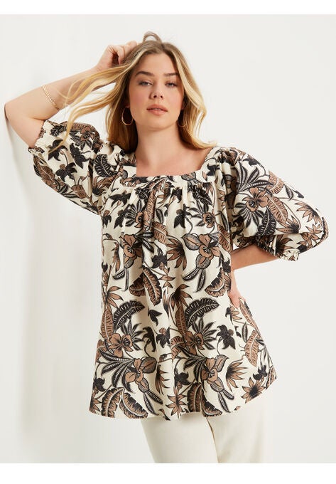 Puff Sleeve Lino Soleil Top, , alternate image number null