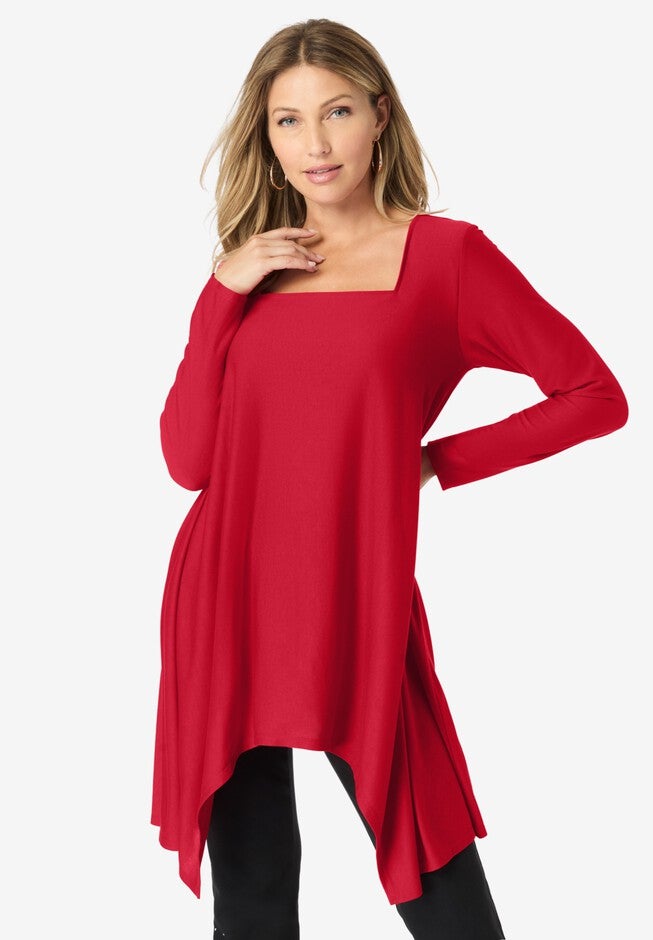 Long-Sleeve Square-Neck Handkerchief Hem Tunic, CLASSIC RED, hi-res image number null