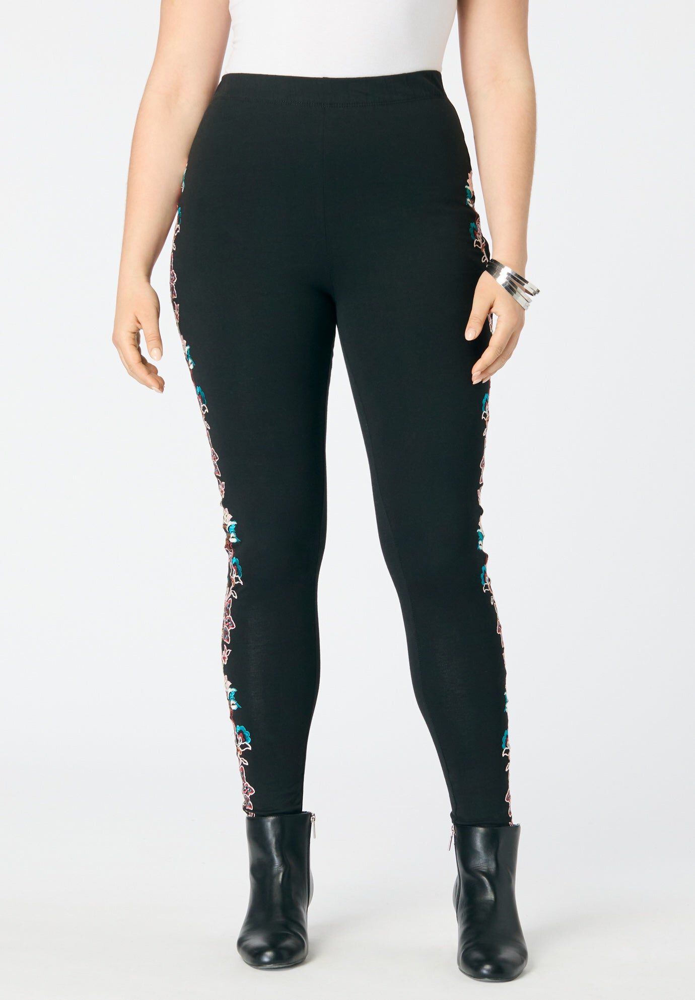Side Embellished Legging, BLACK FLORAL EMBROIDERY, hi-res image number 0
