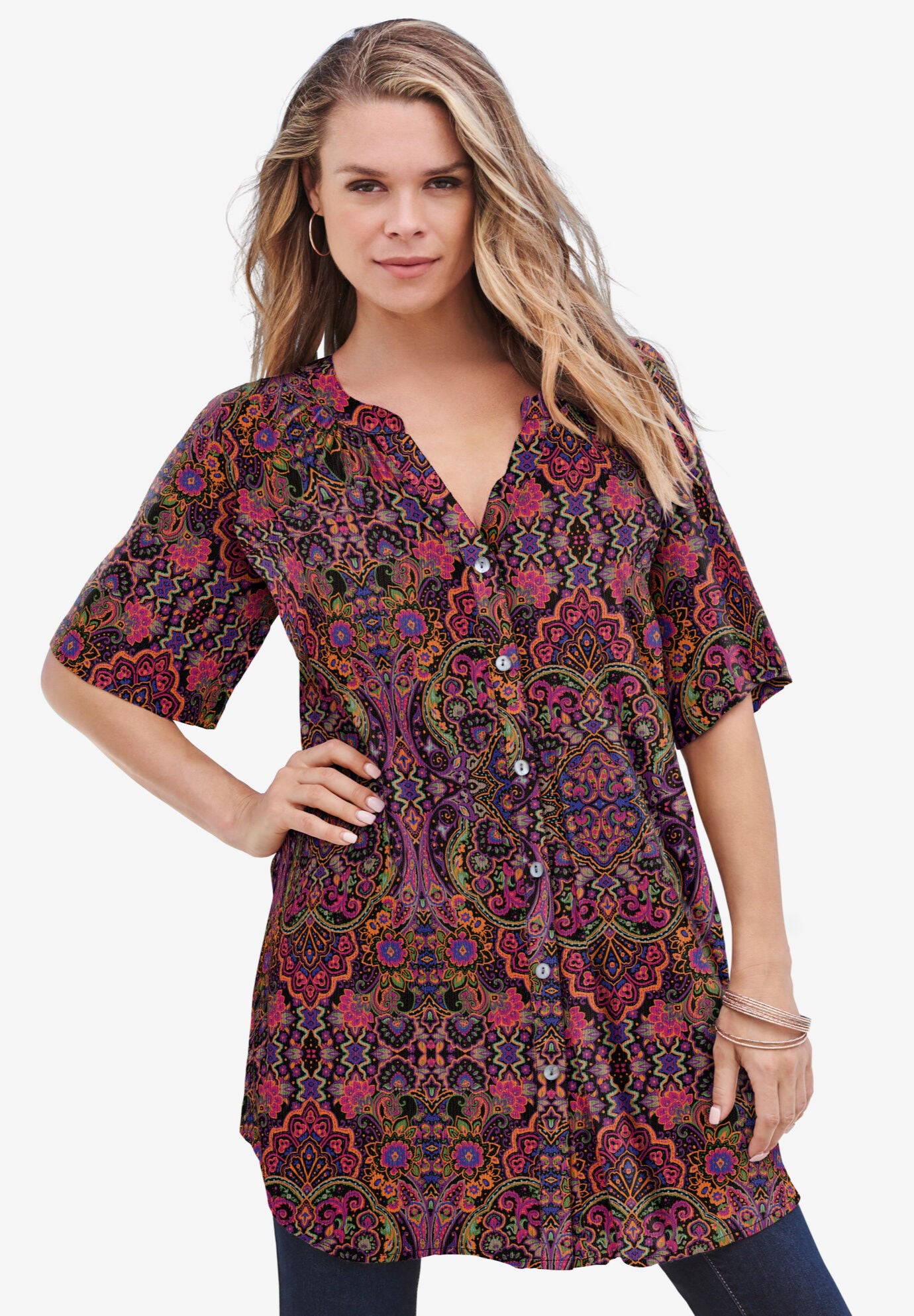 Plus Size Angelina Crinkle Crepe Y-Neck Short Sleeve Tunic, MULTI MIRRORED MEDALLION, on-hover image number 1