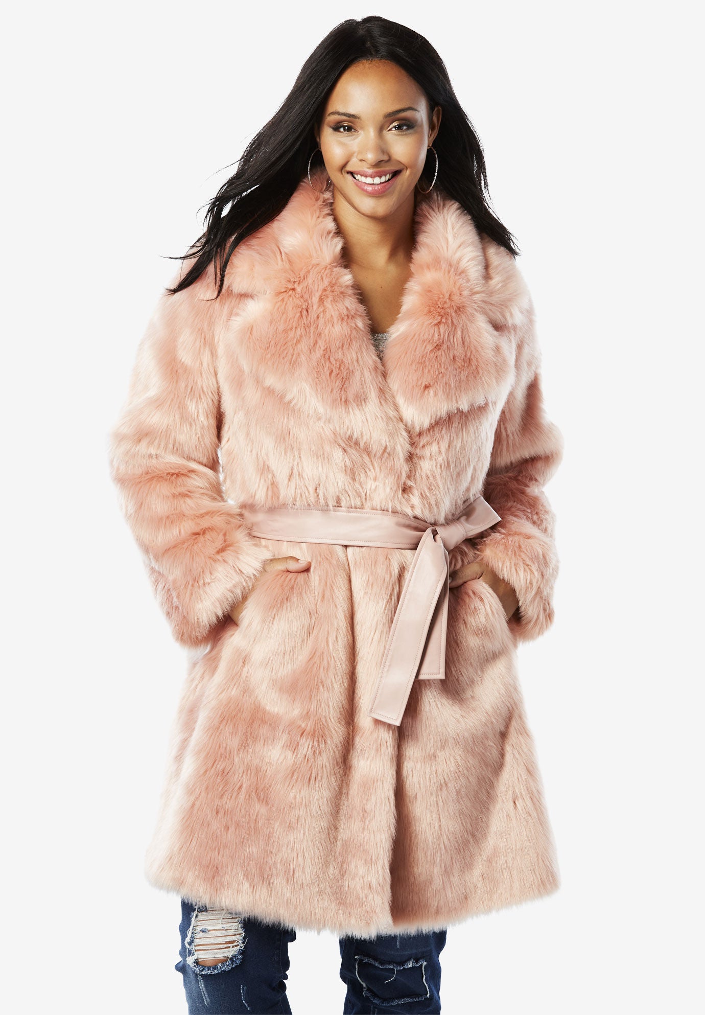 Belted Full-Length Faux-Fur Coat By