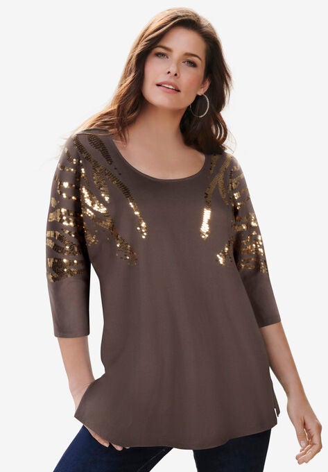 Three-Quarter Sleeve Embellished Tunic, CHOCOLATE SEQUIN ZEBRA, hi-res image number null