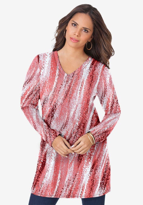 Long-Sleeve V-Neck Ultimate Tunic, CORAL TEXTURED STRIPE, hi-res image number null