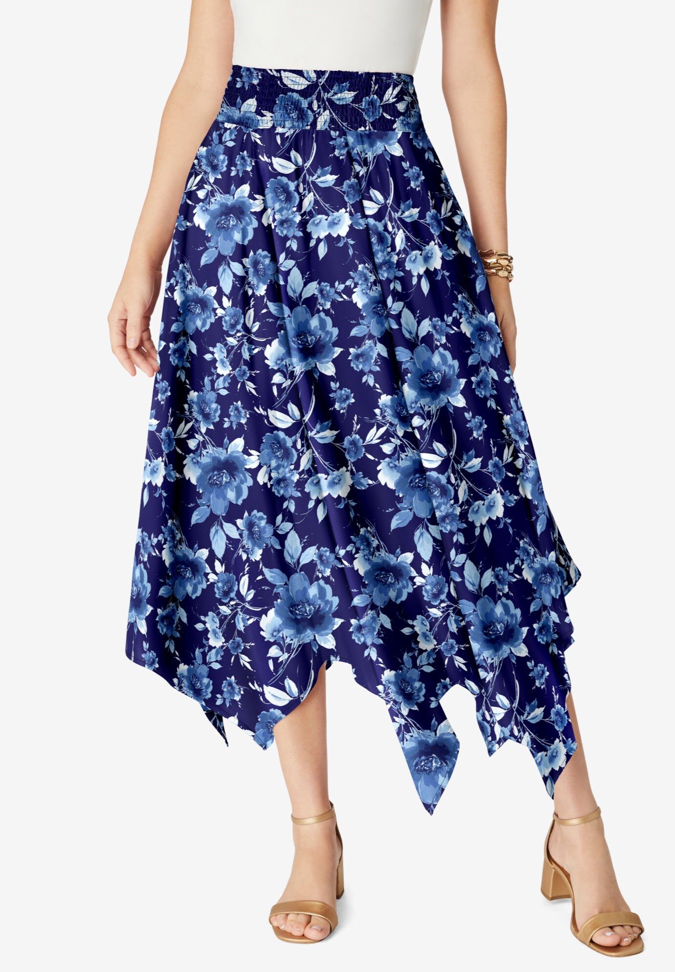 Plus Size Handkerchief Hem Skirt, NAVY WATERCOLOR ROSE, hi-res image number 0