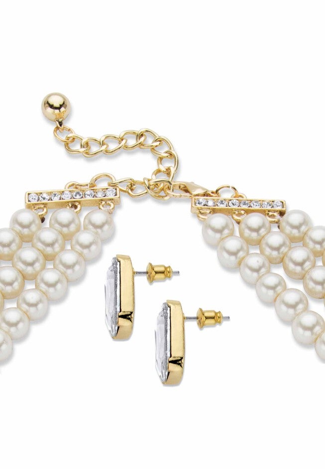 Gold Tone Simulated Pearl Bib 17 inches Necklace Set with Emerald Cut Crystals, , on-hover image number 1