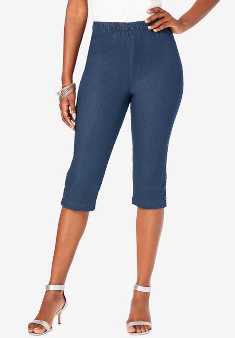 Pull-On Button-Detail Stretch Capri Jean, MEDIUM STONEWASH, hi-res image number null