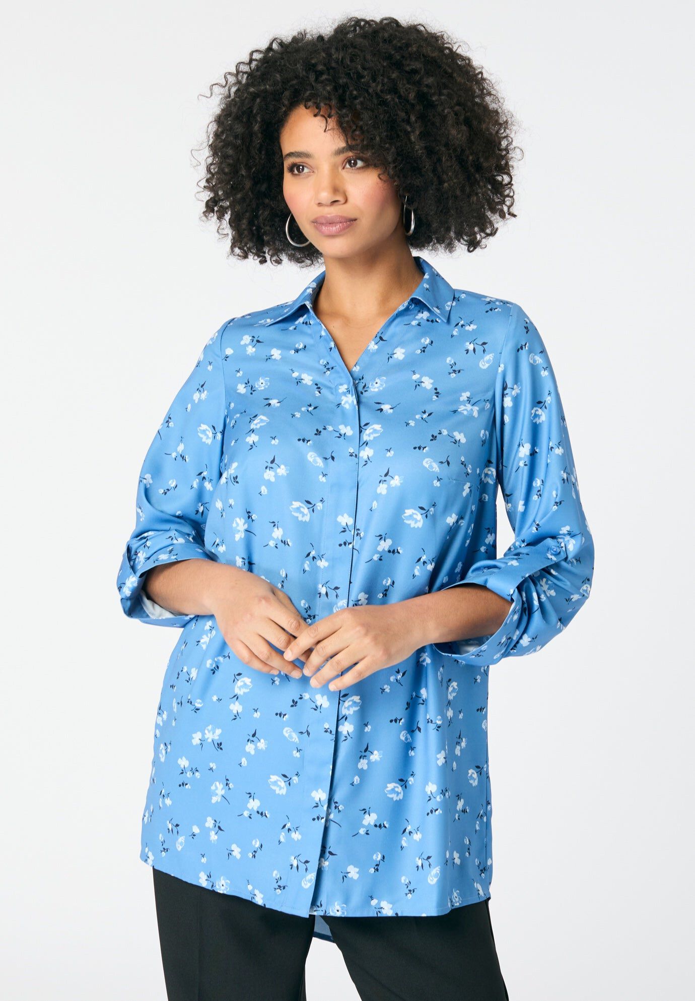 Georgette Big Shirt, DUSTY INDIGO DITSY, hi-res image number 0