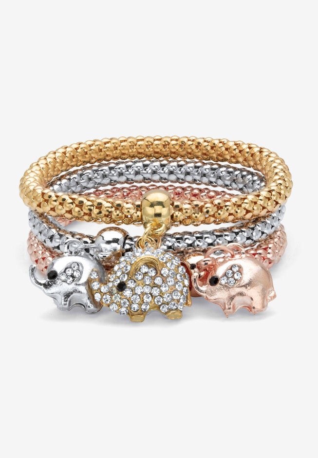 Gold Tone Crystal Elephant 8.5 inches Charm Stretch Bracelet Set, CRYSTAL GOLD, hi-res image number 0
