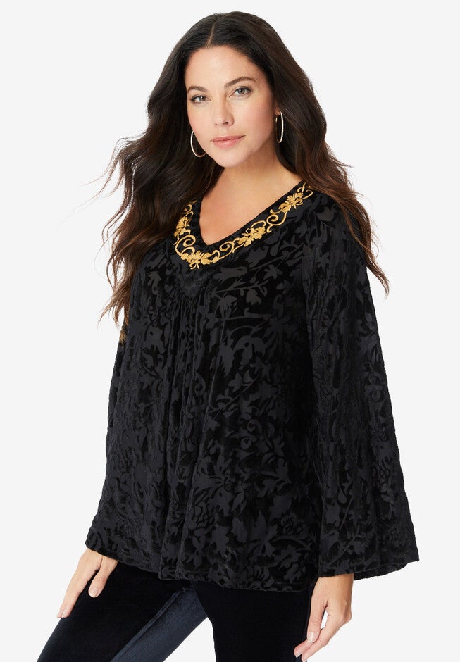 Notch-Neck Devoré Top, BLACK, hi-res image number null