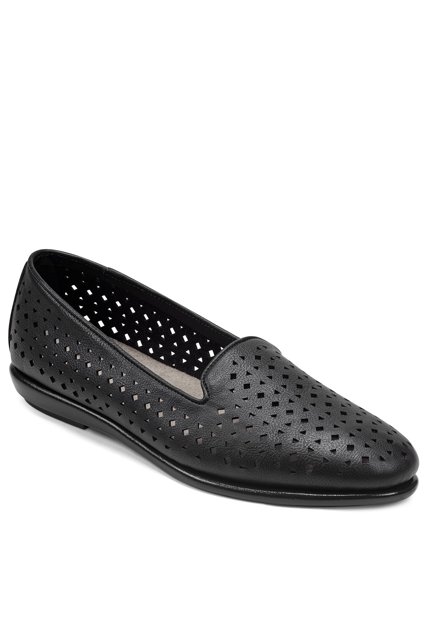 You Betcha Flat by Aerosoles®, BLACK PERFORATED LEATHER, hi-res image number 0