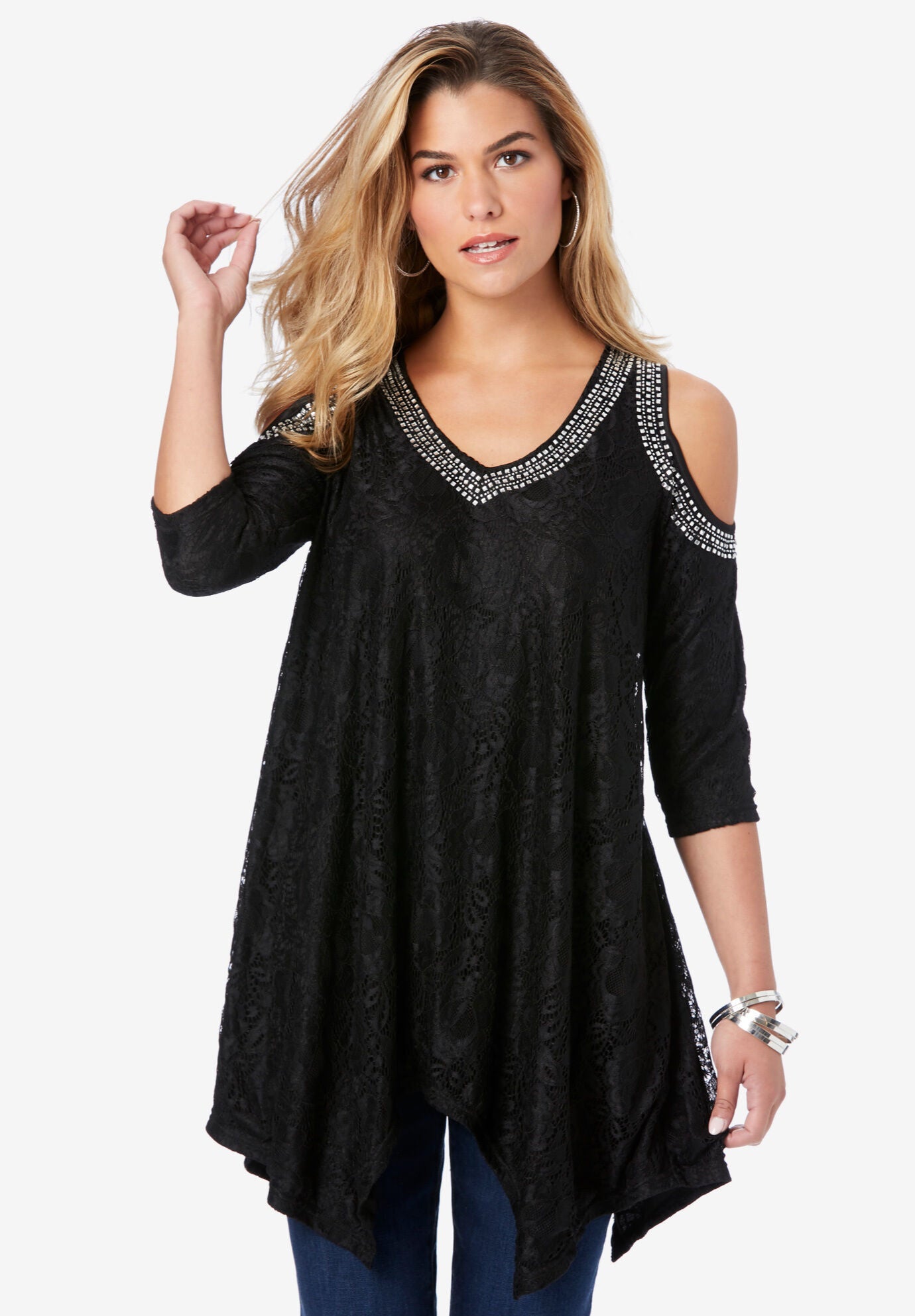 Embellished Cold-Shoulder Tunic, BLACK, hi-res image number 0