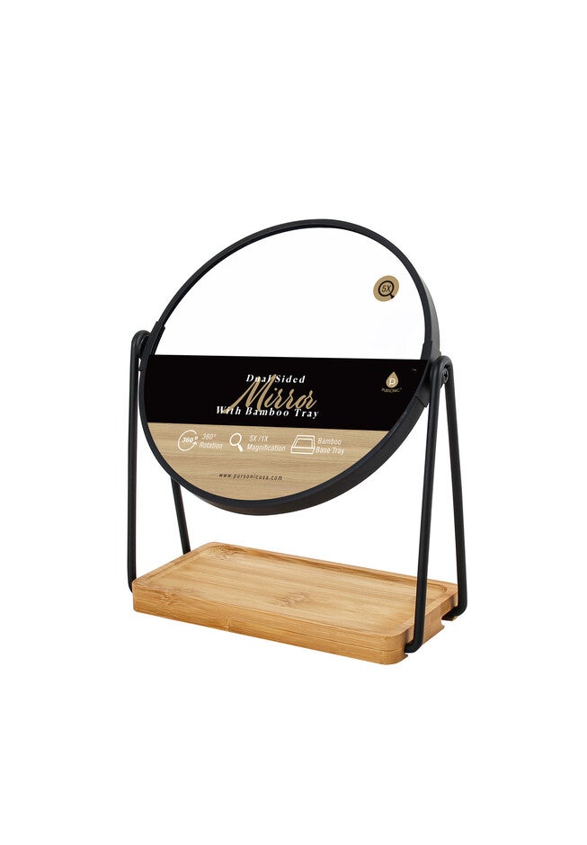Dual Sided Mirror With Bamboo Base Tray • 360° Rotation • 5X/ 1X Magnification, O, hi-res image number null