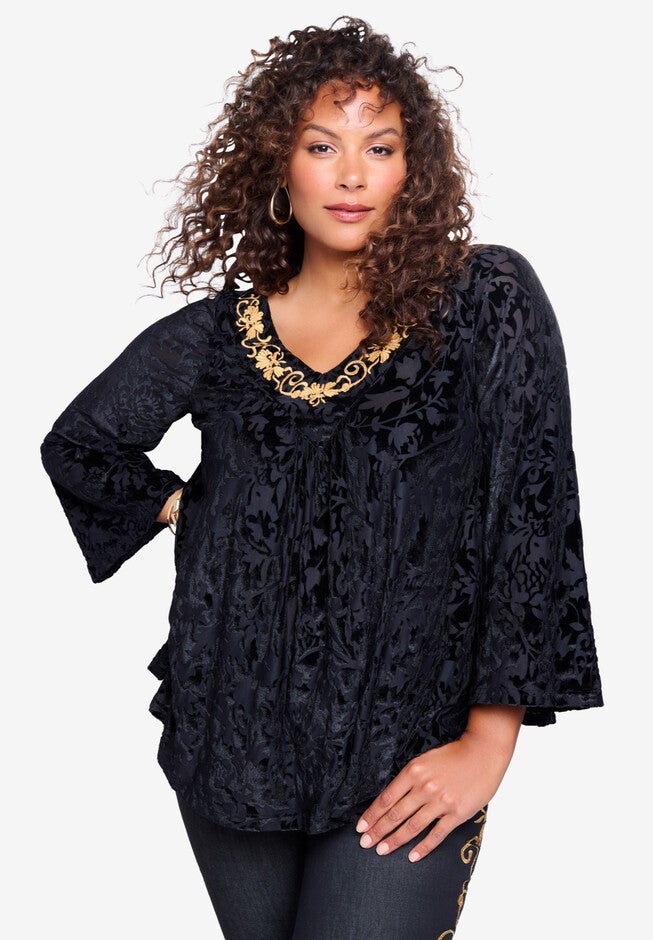 Notch-Neck Devoré Top, , alternate image number null