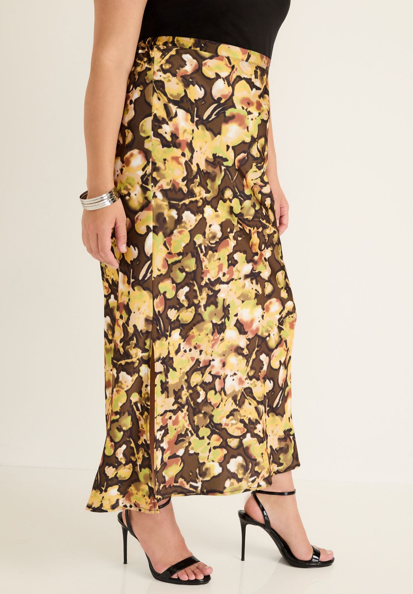 Satin Side-Slit Midi Skirt, , alternate image number 2