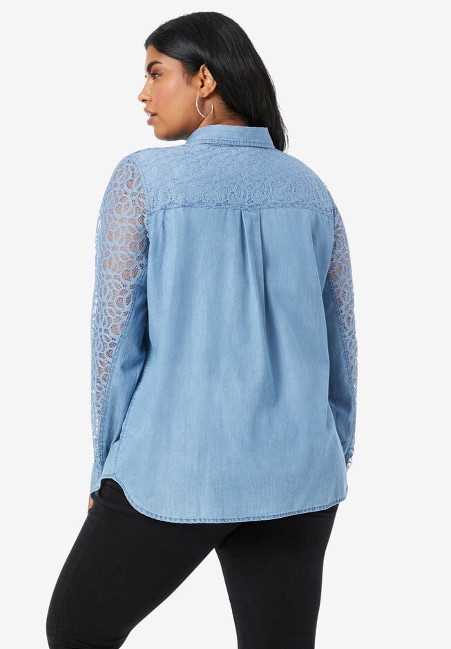 Lace-Sleeve Denim Big Shirt, , on-hover image number 1