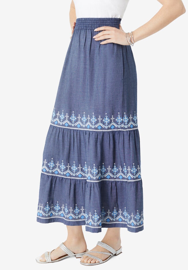 Embroidered Tiered Chambray Skirt, , alternate image number null