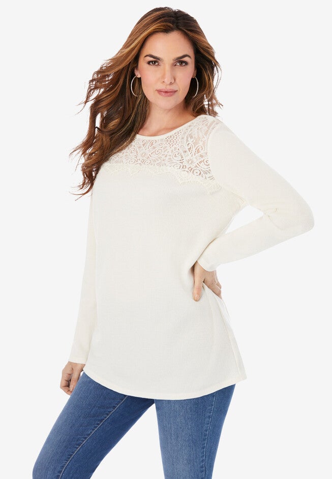 Lace Yoke Thermal Top, IVORY, hi-res image number 0
