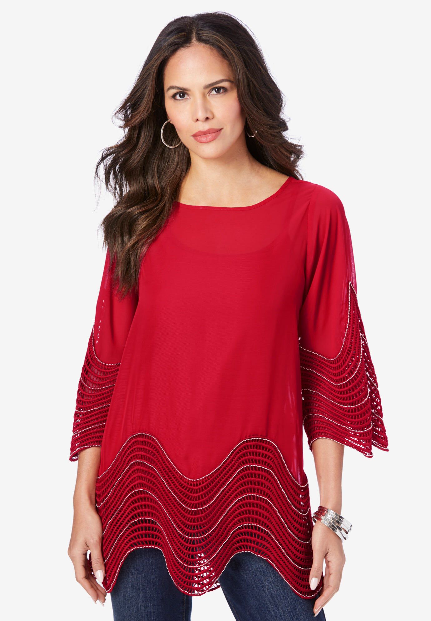 Embellished Georgette Tunic, VIVID RED, hi-res image number 0