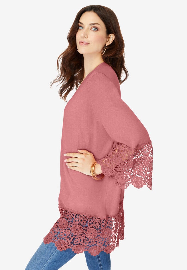 Fine Gauge Lace Trim Cardigan Sweater, , alternate image number null