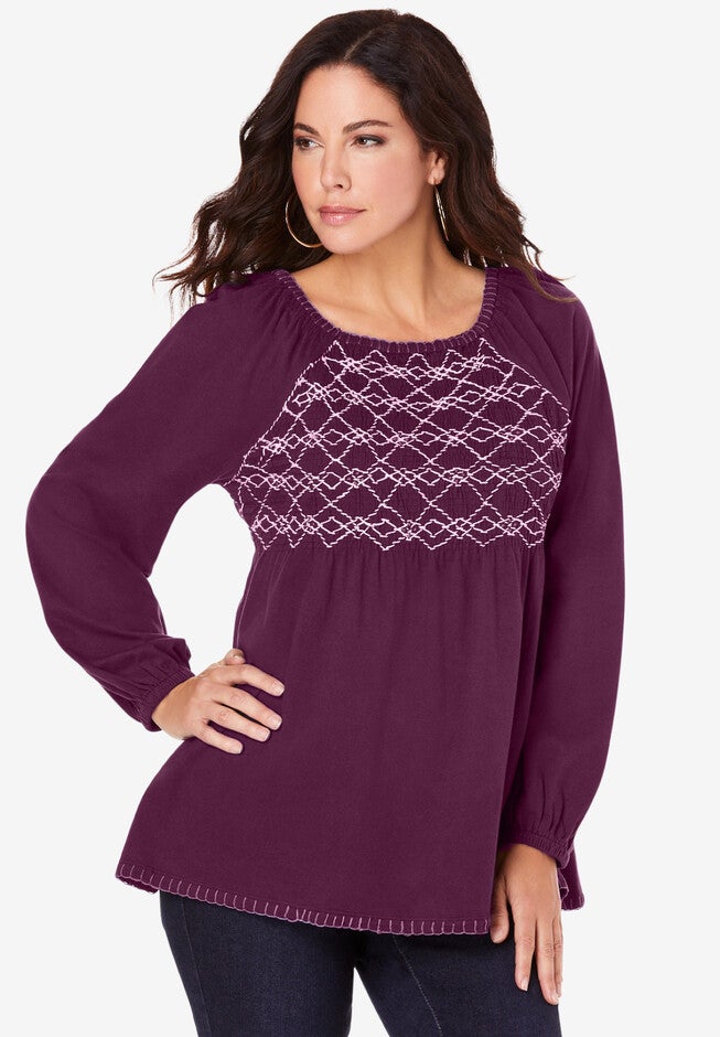 Smocked Embroidered Tee, DARK BERRY, hi-res image number 0