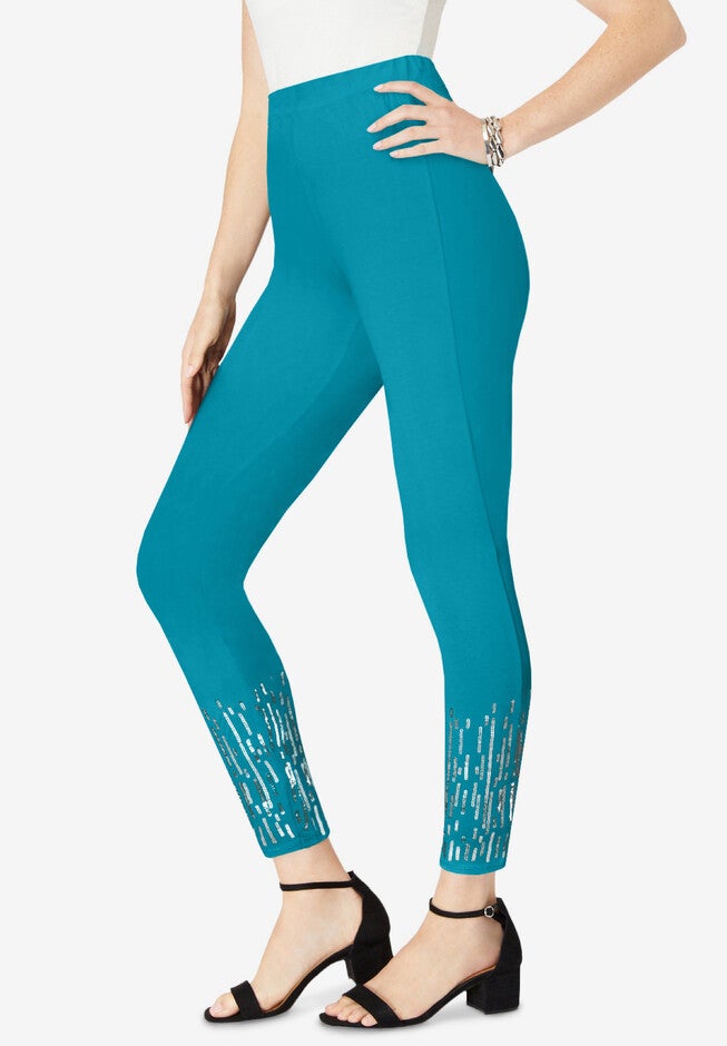Rhinestone Side-Seam Essential Stretch Legging, DEEP TURQUOISE SEQUIN WATERFALL, hi-res image number null