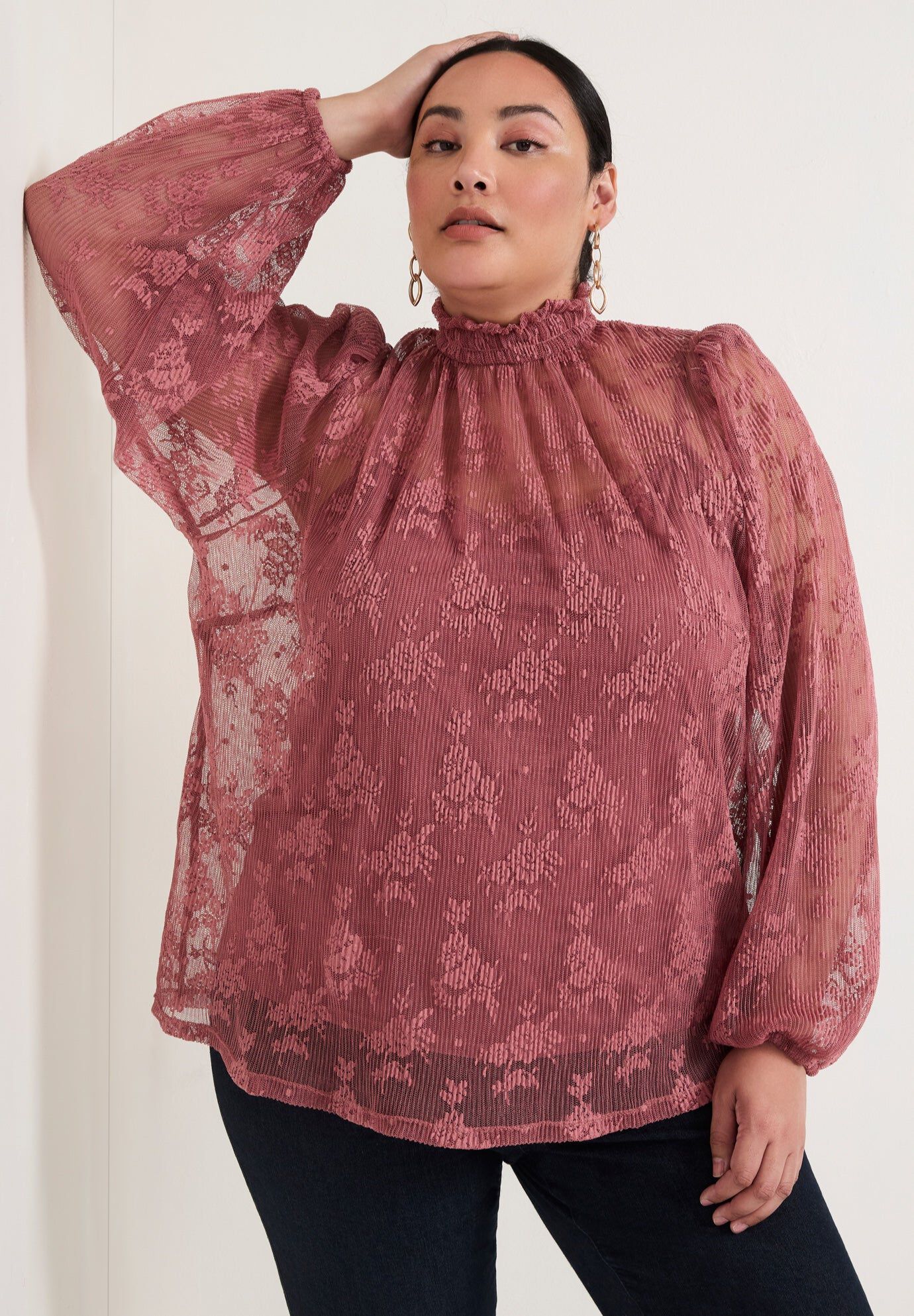 Smocked Mockneck Blouse, WITHERED ROSE, hi-res image number 0
