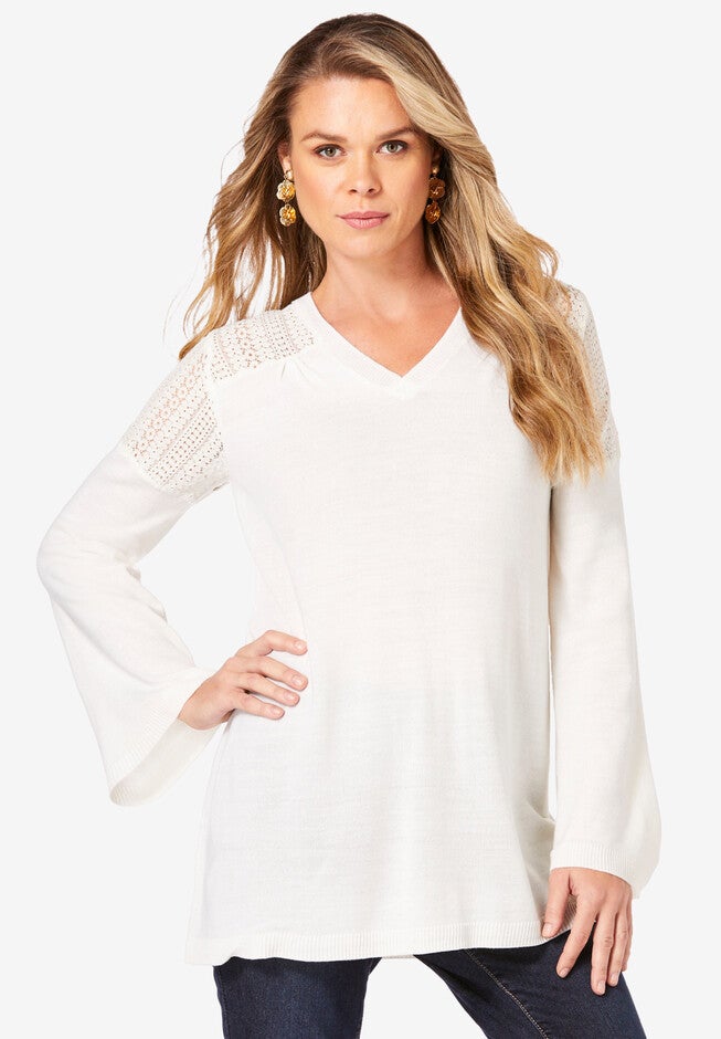 Lace-Trim Fine Gauge Pullover, WHITE, hi-res image number null