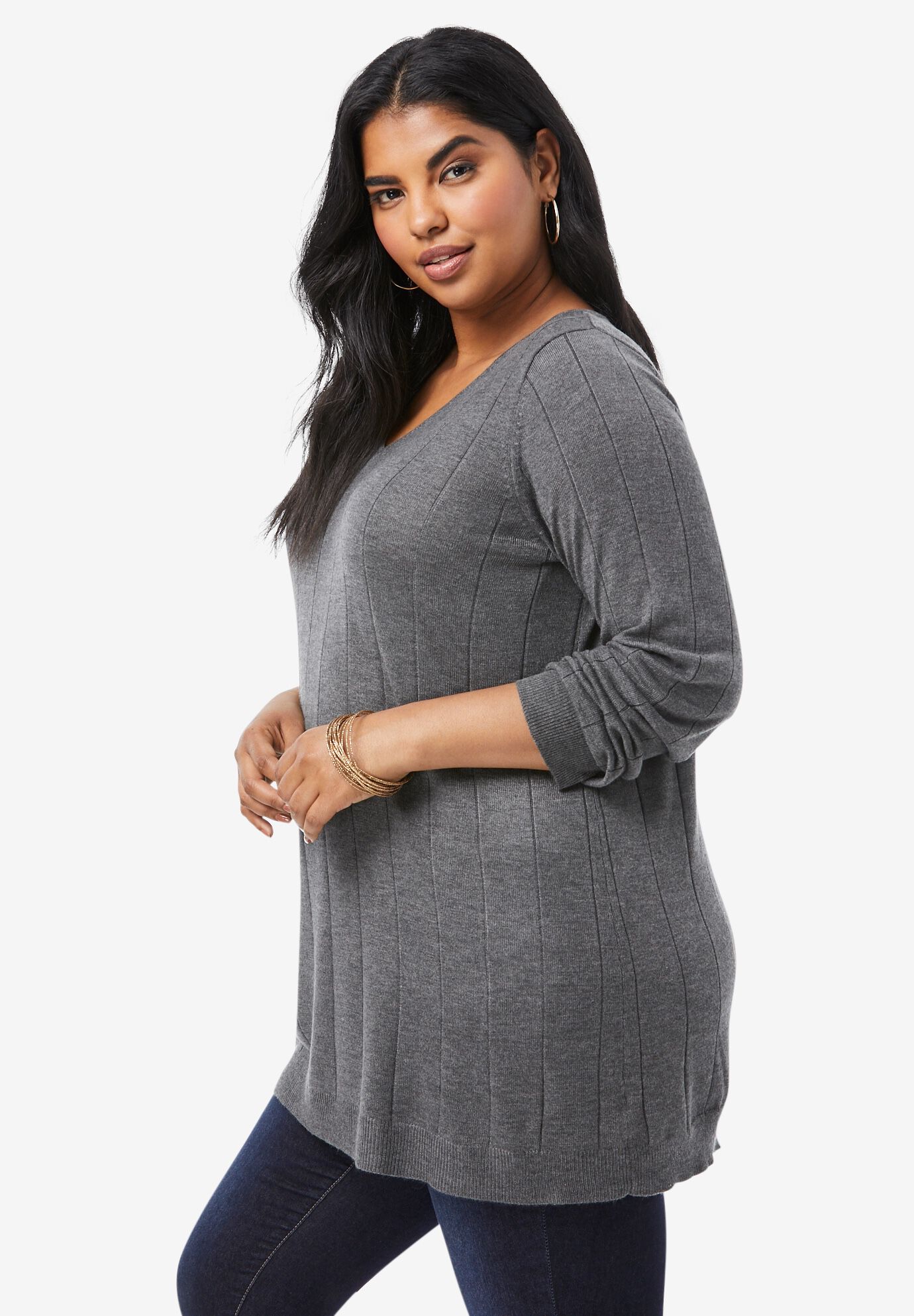 Plus Size Drop Needle V-Neck Lightweight Sweater Knit, , alternate image number 4