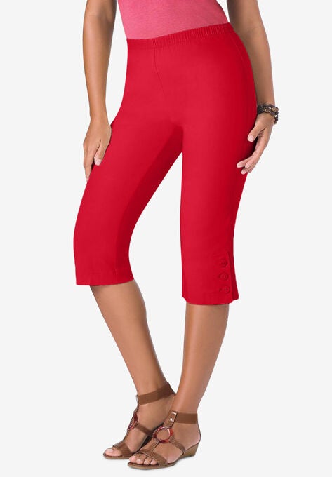 Pull-On Button-Detail Stretch Capri Jean, VIVID RED, hi-res image number null