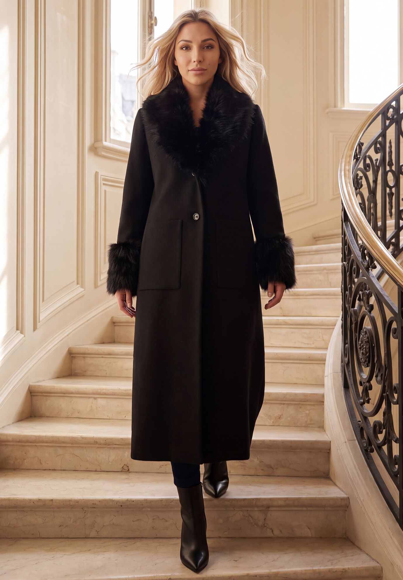 Plus Size Wool Blend Coat with Faux Fur Trim, BLACK, alternate image number 3