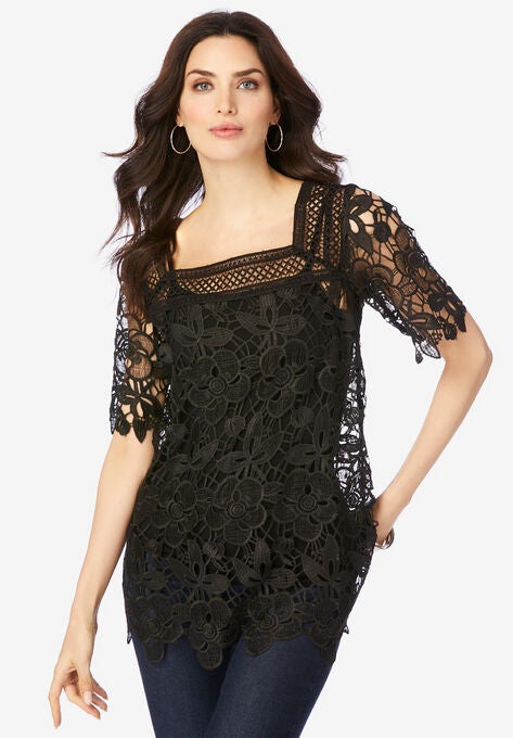 Boatneck Crochet Top, BLACK, hi-res image number null